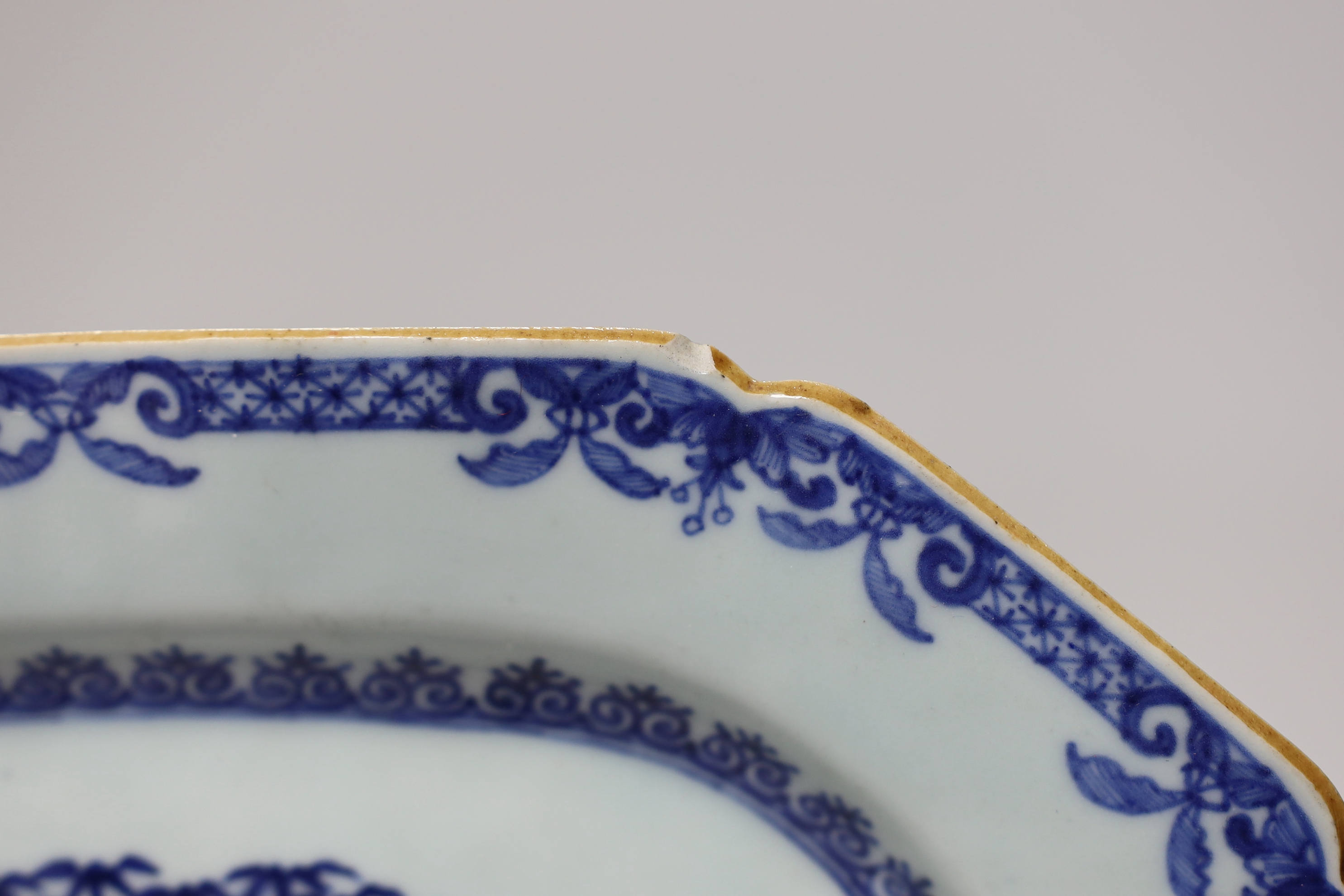 An 18th century Chinese export hexagonal blue and white dish, 31cm long